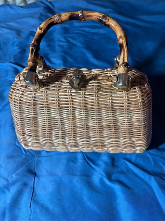 Handbags - Vintage Woven Straw Handbag with Bamboo Handles - Natural